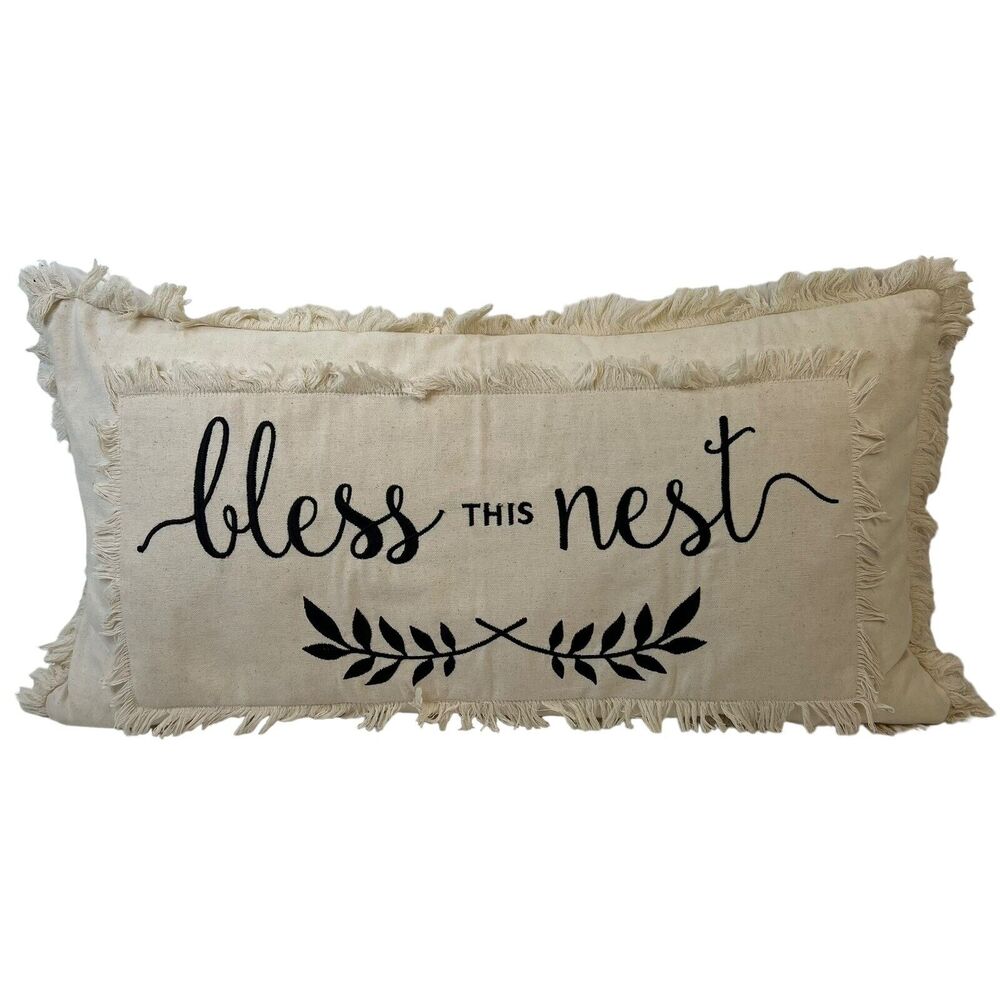 Devi Designs Bless This Nest Throw Down Pillow Embroidered Fringe Farmhouse